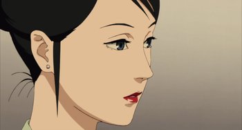 Movie still from “Paprika” (2006), directed by Satoshi Kon – A woman's face in a painting style; Close Up shot, Low angle