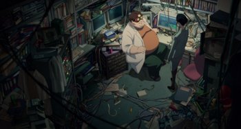 Movie still from “Paprika” (2006), directed by Satoshi Kon – An animated scene of a computer room with a man and a woman; Wide shot, High angle