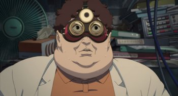 Movie still from “Paprika” (2006), directed by Satoshi Kon – An image of a man with a big head wearing goggles; Close Up shot, Low angle