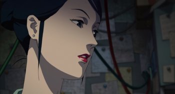 Movie still from “Paprika” (2006), directed by Satoshi Kon – A person's face in a painting style; Close Up shot, Low angle