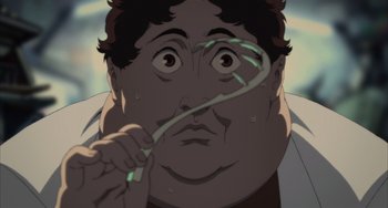 Movie still from “Paprika” (2006), directed by Satoshi Kon – An animated picture of a man brushing his teeth; Extreme Close Up shot, Low angle