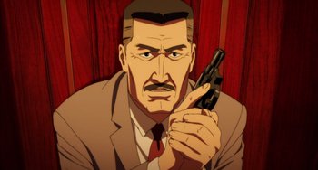 Movie still from “Paprika” (2006), directed by Satoshi Kon – An animated man holding a gun in his hand; Close Up shot, Low angle