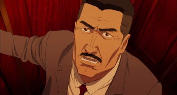 Movie still from “Paprika” (2006), directed by Satoshi Kon – An animated picture of a man in a suit and tie; Close Up shot, High angle