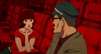 Movie still from “Paprika” (2006), directed by Satoshi Kon – An animated scene of a man and a woman; Medium shot, High angle
