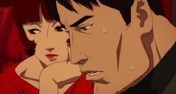 Movie still from “Paprika” (2006), directed by Satoshi Kon – An illustration of a man and a woman; Extreme Close Up shot, Low angle
