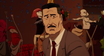 Movie still from “Paprika” (2006), directed by Satoshi Kon – An animated picture of a man in a suit and red tie; Close Up shot, Low angle