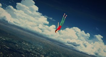 Movie still from “Paprika” (2006), directed by Satoshi Kon – A man flying through the air while holding on to a parachute; Extreme Wide shot, Overhead angle