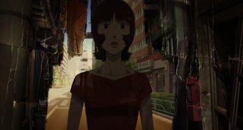 Movie still from “Paprika” (2006), directed by Satoshi Kon – A woman standing in front of a city street; Medium shot, Low angle