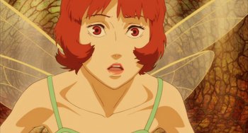 Movie still from “Paprika” (2006), directed by Satoshi Kon – A person with short hair; Close Up shot, Low angle