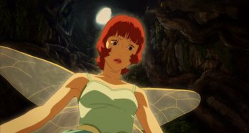 Movie still from “Paprika” (2006), directed by Satoshi Kon – A woman with red hair is standing in a cave; Close Up shot, Low angle