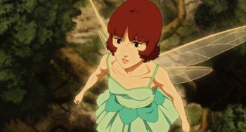 Movie still from “Paprika” (2006), directed by Satoshi Kon – A cartoon picture of a girl with red hair and a green dress; Medium shot, Low angle