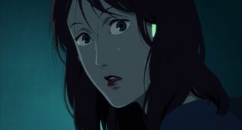 Movie still from “Paprika” (2006), directed by Satoshi Kon – A woman's face with tears in her eyes; Extreme Close Up shot, High angle