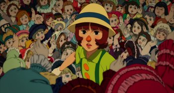 Movie still from “Paprika” (2006), directed by Satoshi Kon – An animated picture of a child in a crowd of people; Medium shot, High angle