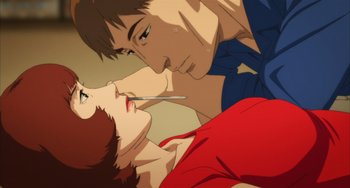 Movie still from “Paprika” (2006), directed by Satoshi Kon – A couple of people that are looking at one another; Extreme Close Up shot, Low angle