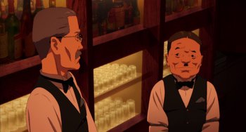 Movie still from “Paprika” (2006), directed by Satoshi Kon – Two men are standing in front of a shelf of drinks; Medium shot, Low angle