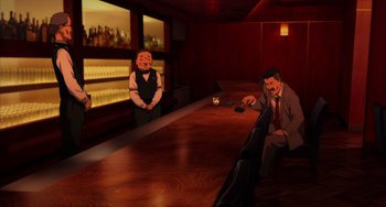 Movie still from “Paprika” (2006), directed by Satoshi Kon – A man in a suit and tie sitting at a bar; Wide shot, High angle