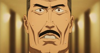 Movie still from “Paprika” (2006), directed by Satoshi Kon – An animated face of a man with a mustache; Close Up shot, Low angle