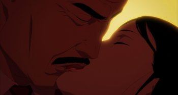 Movie still from “Paprika” (2006), directed by Satoshi Kon – A person kissing another person on the cheek; Extreme Close Up shot, Overhead angle
