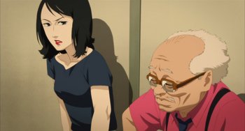 Movie still from “Paprika” (2006), directed by Satoshi Kon – An old man and a young woman sitting next to each other; Medium shot, Low angle