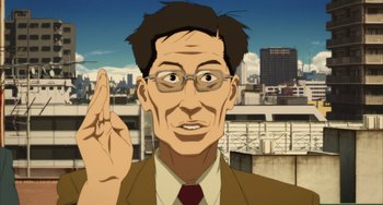 Movie still from “Paprika” (2006), directed by Satoshi Kon – An animated picture of a man holding his hand up to his face; Close Up shot, Low angle