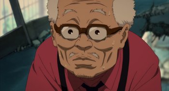 Movie still from “Paprika” (2006), directed by Satoshi Kon – An old man with glasses is looking at the camera; Close Up shot, Low angle