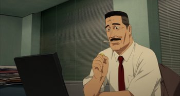 Movie still from “Paprika” (2006), directed by Satoshi Kon – An animated man smoking a cigarette in front of a computer; Medium shot, High angle