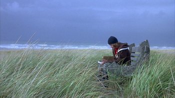 Movie still from “Paranoid Park” (2007), directed by Gus Van Sant – A man sitting on a bench in the grass by the ocean; Wide shot, High angle