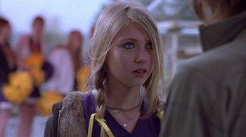 Movie still from “Paranoid Park” (2007), directed by Gus Van Sant – A young girl with blonde plaits and blue eyes; Close Up shot, Over the shoulder angle
