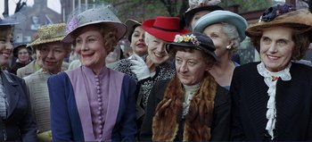 Movie still from “Patton” (1970), directed by Franklin J. Schaffner – A group of older women wearing hats and gloves; Medium shot, Low angle