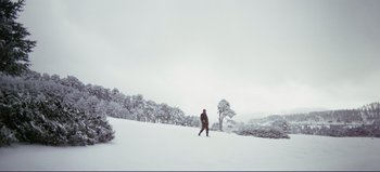 Movie still from “Patton” (1970), directed by Franklin J. Schaffner – A person is walking through the snow on skis; Extreme Wide shot, Low angle