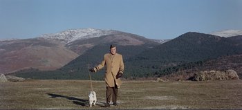 Movie still from “Patton” (1970), directed by Franklin J. Schaffner – A man and a dog in a field with a mountain in the background; Wide shot, Low angle