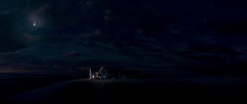Movie still from “Paul” (2011), directed by Greg Mottola – A house in the middle of a field at night; Extreme Wide shot, Low angle