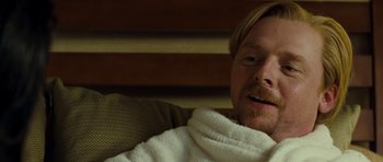 Movie still from “Paul” (2011), directed by Greg Mottola – A person wearing a white towel; Close Up shot, High angle