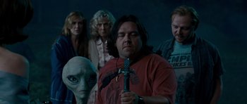 Movie still from “Paul” (2011), directed by Greg Mottola – A group of people standing next to each other in a room; Medium shot, Over the shoulder angle