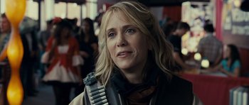 Movie still from “Paul” (2011), directed by Greg Mottola – A person wearing a jacket; Close Up shot, Over the shoulder angle