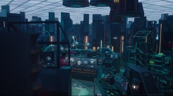 Movie still from “Peacemaker” (2022), created by James Gunn – A room filled with lots and lots of electronics; Extreme Wide shot, High angle