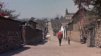 Movie still from “Pepe” (1960), directed by George Sidney – A man walking down a street with a dog and a cat; Extreme Wide shot, High angle