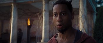 Movie still from “Percy Jackson: Sea of Monsters” (2013), directed by Thor Freudenthal – A person with horns on their head; Close Up shot, Over the shoulder angle