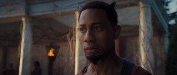 Movie still from “Percy Jackson: Sea of Monsters” (2013), directed by Thor Freudenthal – A person with horns on his head; Close Up shot, Over the shoulder angle