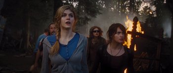 Movie still from “Percy Jackson: Sea of Monsters” (2013), directed by Thor Freudenthal – A group of people walking through a forest; Medium shot, Over the shoulder angle