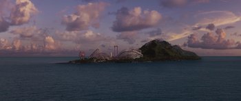 Movie still from “Percy Jackson: Sea of Monsters” (2013), directed by Thor Freudenthal – A view of a theme park from the water; Extreme Wide shot, High angle