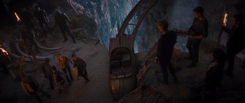 Movie still from “Percy Jackson: Sea of Monsters” (2013), directed by Thor Freudenthal – Two people standing next to an old fashioned ski lift; Extreme Wide shot, Overhead angle