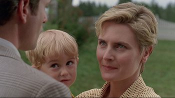 Movie still from “Pet Sematary” (1989), directed by Mary Lambert – A woman and a child are looking at each other; Close Up shot, Over the shoulder angle
