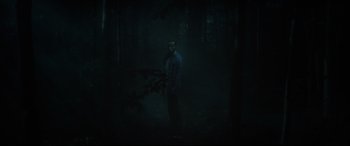 Movie still from “Pet Sematary” (2019), directed by Kevin Kölsch – A man standing in the middle of a dark forest at night; Wide shot, Low angle
