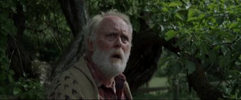 Movie still from “Pet Sematary” (2019), directed by Kevin Kölsch – An old man with a beard is looking at the camera; Close Up shot, Low angle