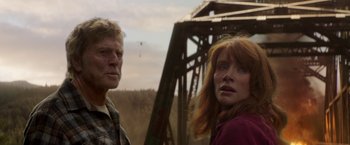 Movie still from “Pete's Dragon” (2016), directed by David Lowery – A man and a woman standing next to each other near a bridge; Close Up shot, Low angle
