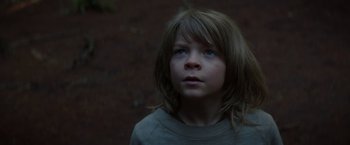 Movie still from “Pete's Dragon” (2016), directed by David Lowery – A little girl with blue eyes and long hair; Close Up shot, Low angle