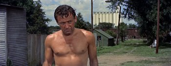 Movie still from “Picnic” (1955), directed by Joshua Logan – A shirtless man standing in the dirt near a building; Medium shot, Low angle