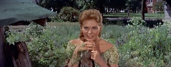 Movie still from “Picnic” (1955), directed by Joshua Logan – A beautiful woman holding a tree trunk in a field; Close Up shot, Low angle
