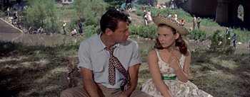 Movie still from “Picnic” (1955), directed by Joshua Logan – A man and a woman sitting next to each other on the grass; Medium shot, High angle